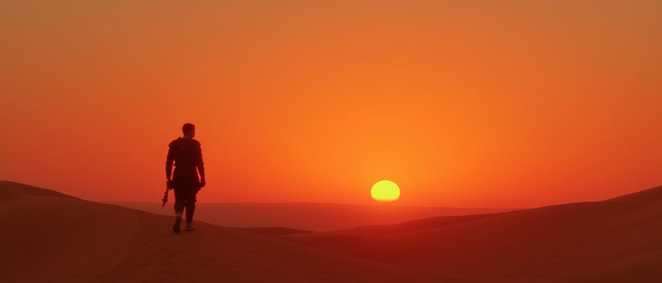 Generated: a lone figure walks across dunes toward two suns