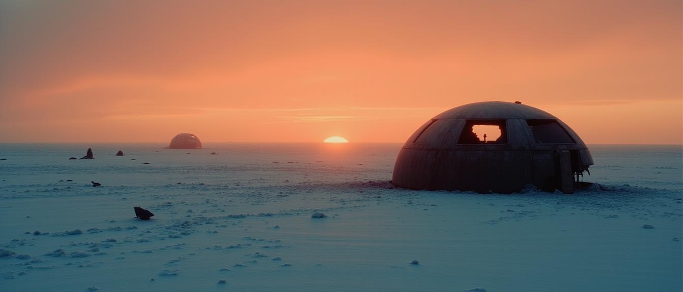 Generated: snow plain at dusk with a dome