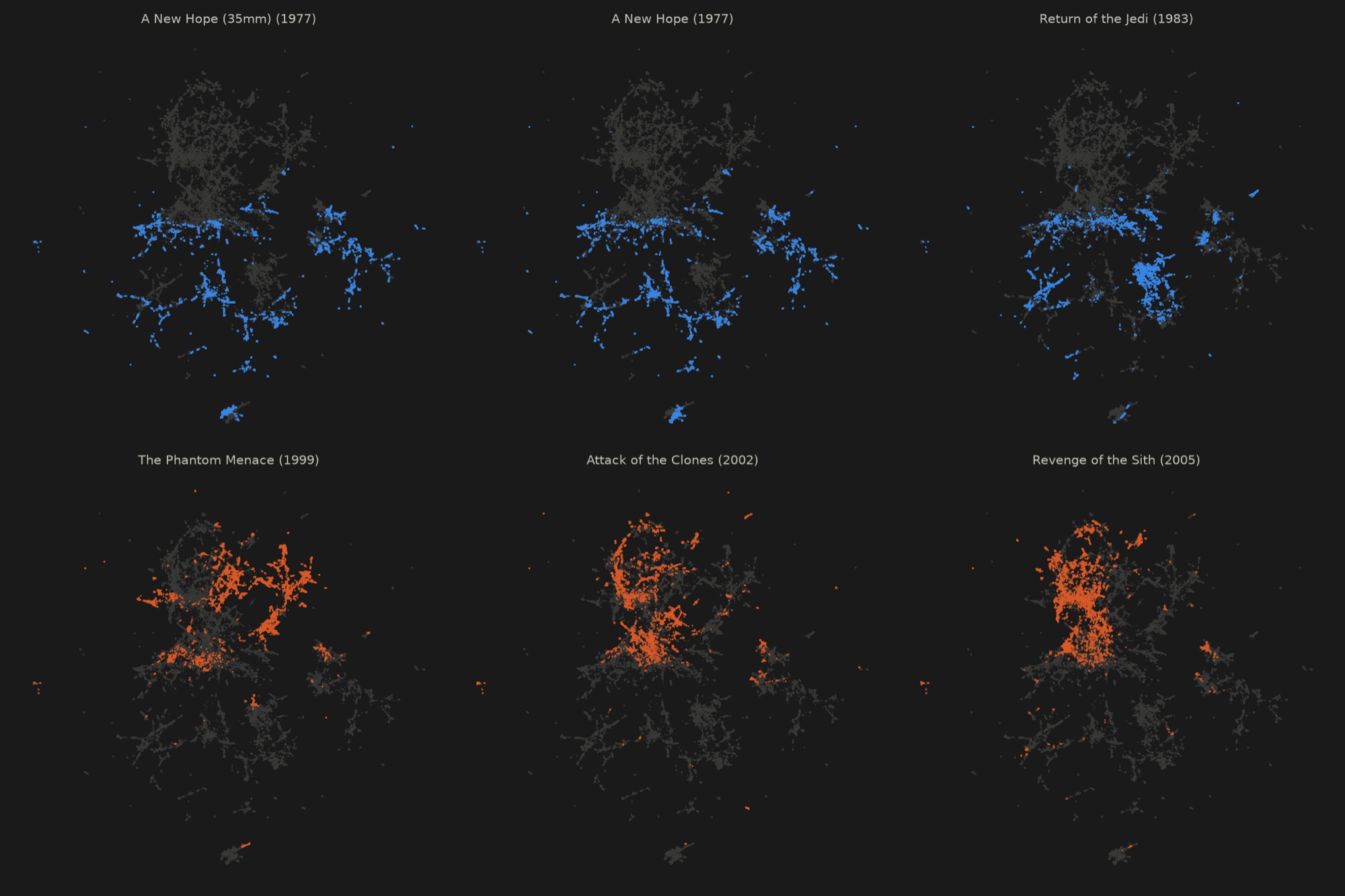 UMAP maps, one per film, highlighting where each film sits in the shared space